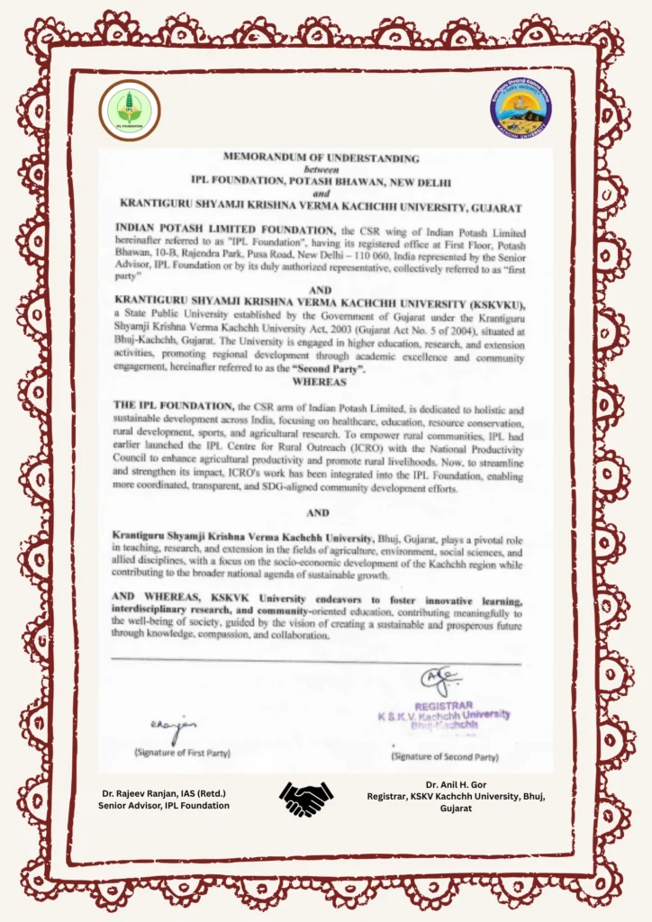 MoU Signed between IPL Foundation & Krantiguru Shyamji Krishna Verma Kachchh University