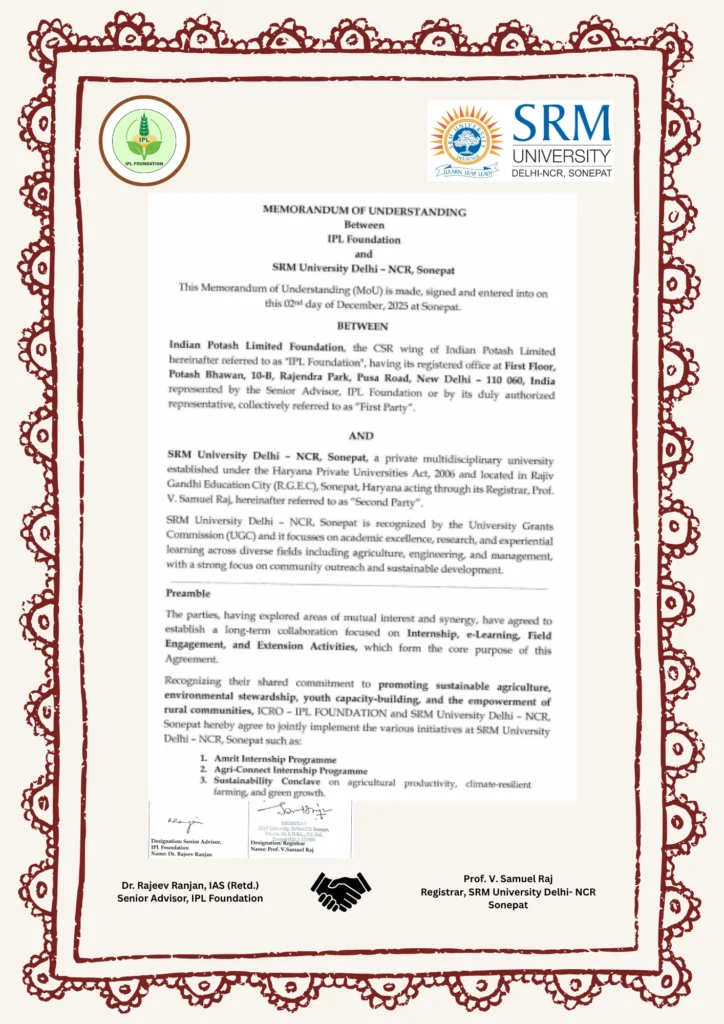 MoU Signed between IPL Foundation & SRM University, Sonepat